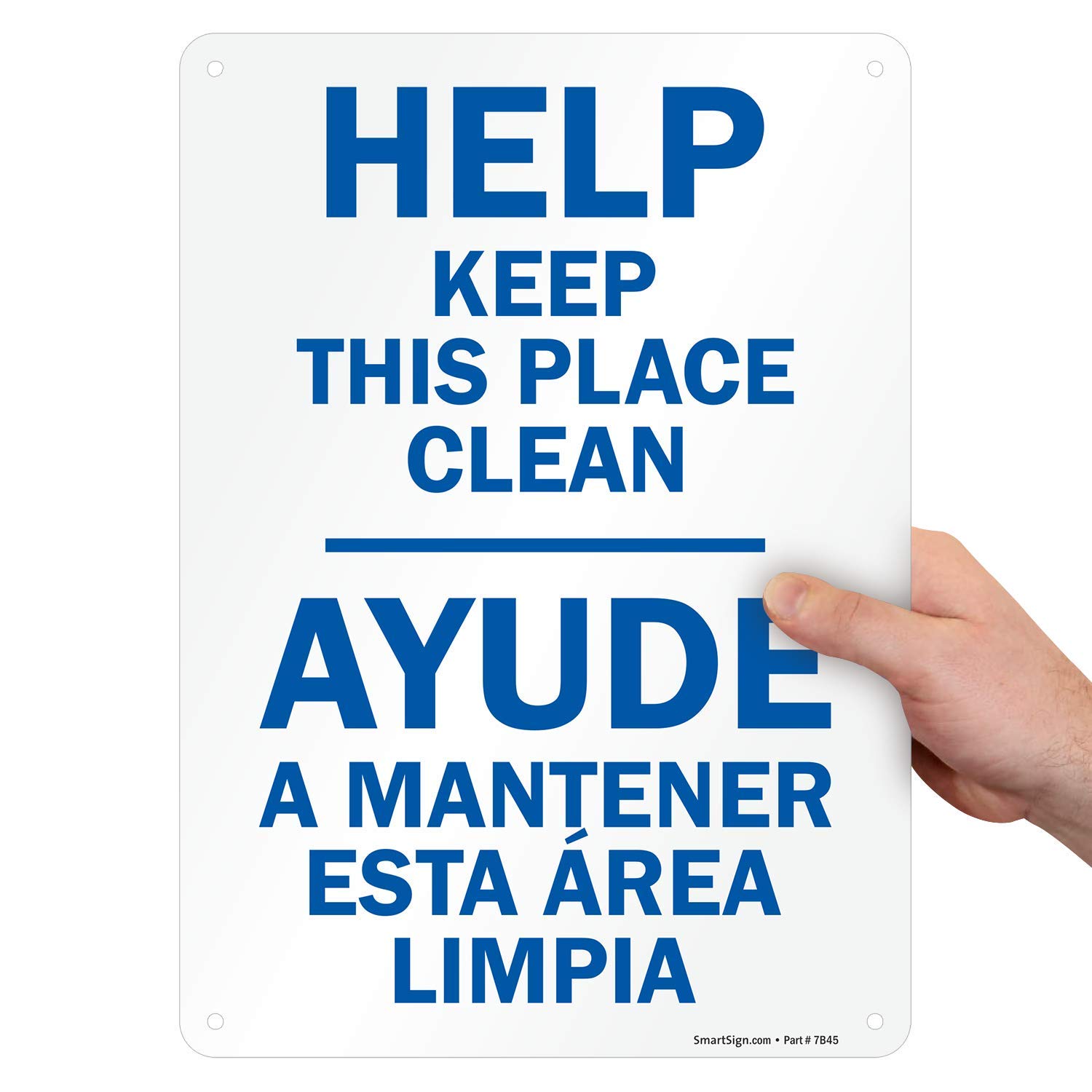 U9-1807-NP_10x14 "Help Keep This Place Clean" Bilingual Sign | 10" x 14" Plastic Blue on White