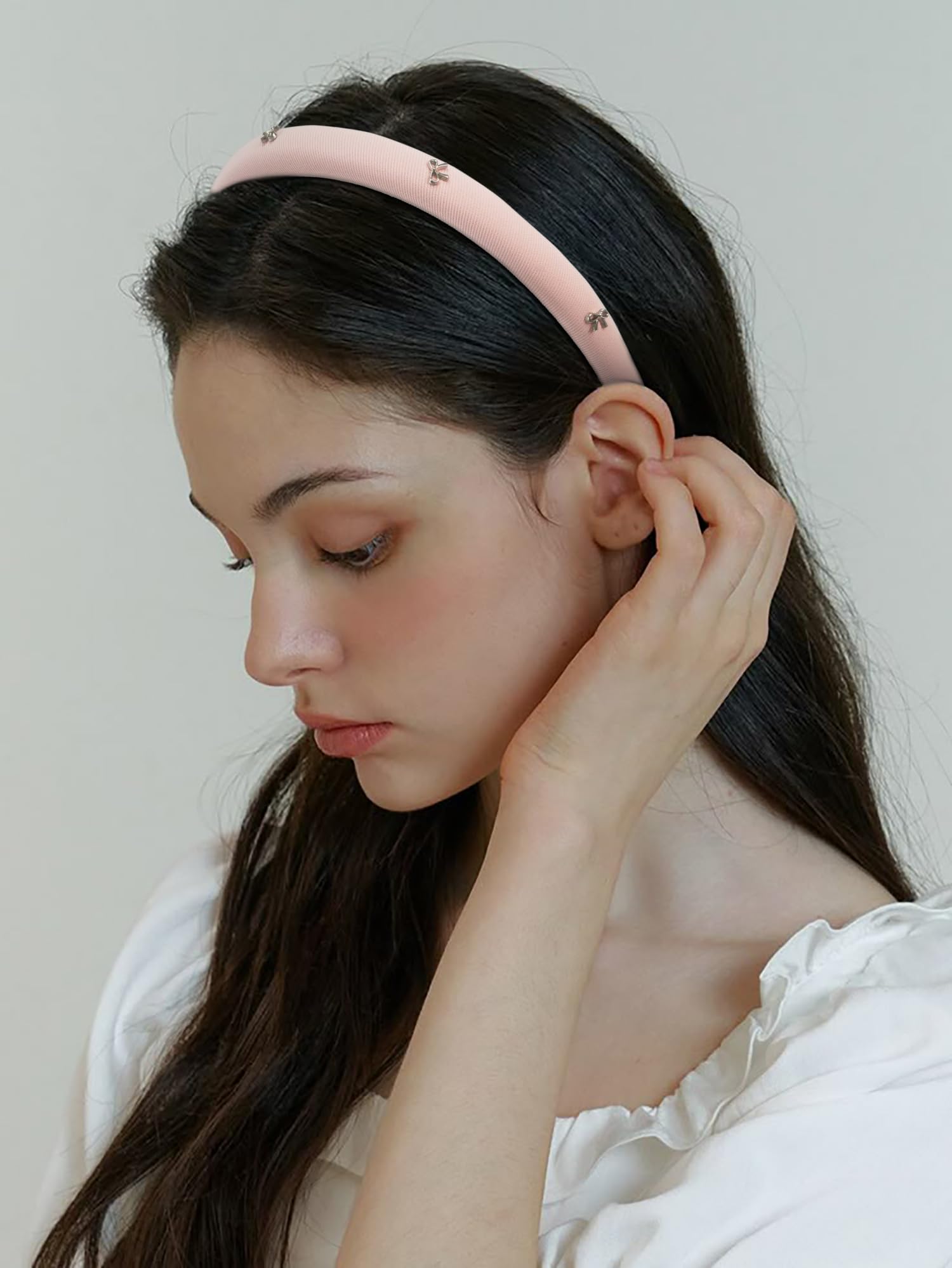 TEBIEKOY 2 fasce sottili imbottite con fiocco per donne, fasce nere antiscivolo da donna alla moda graziose fasce per capelli in tessuto rosa per accessori per capelli da donna