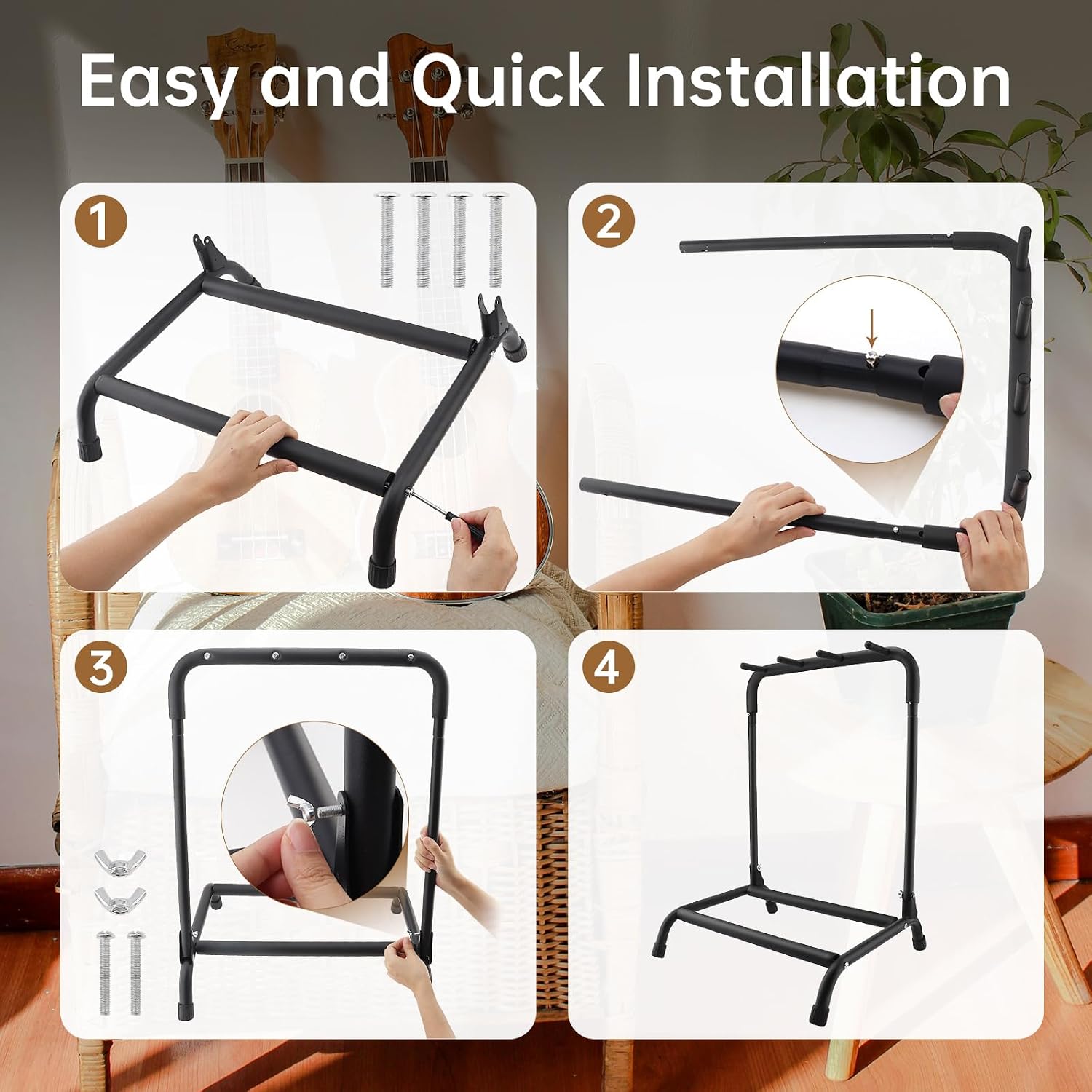Multi Guitar Stand Rack Folding Design , Space Saving Heavy Duty Holder for Acoustic Electric Bass Guitars Quick Setup, Portable Display Secure Storage Foldable Gear Organizer Studio Stage Use (3-Guitar Stand)