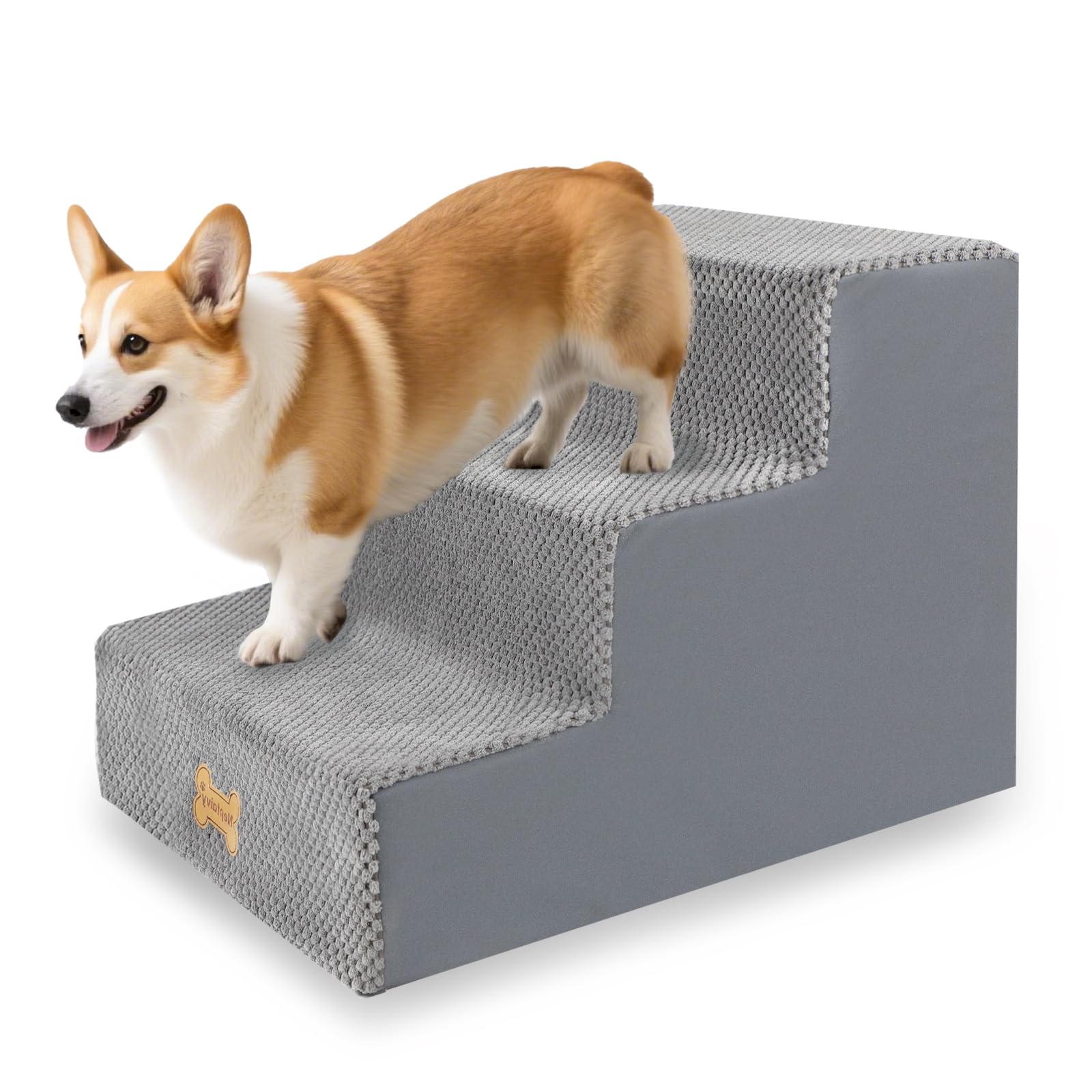 Nepfaivy Scaletta per Cani - Scala per Cani e Gatti per Salire sul Letto, Gradini per Copertura Rimovibile e Lavabile, Grigio, 53x40x39cm