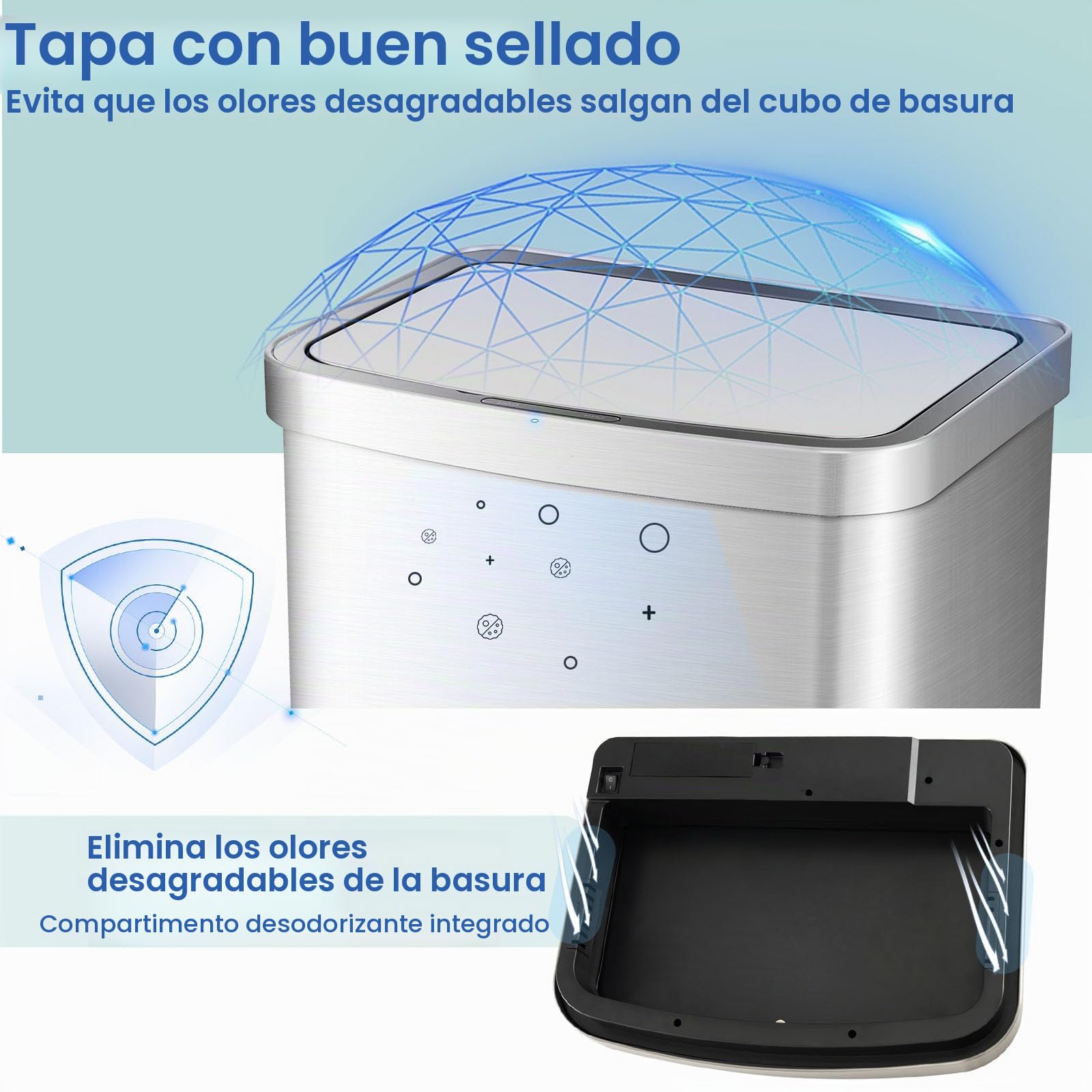 LIFEZEAL Cubo de Basura Rectangular de Acero Inoxidable, con Sensor 50 L, Automático sin Tacto, Papelera de Cocina con Tapa de Cierre Suave