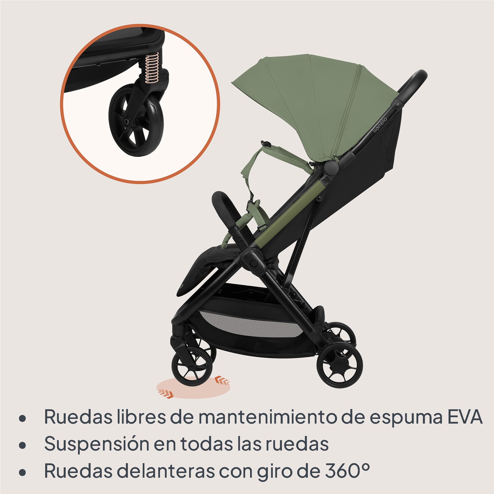 LIONELO Julie Air Carrito Bebe hasta 22 kg de 6 m a 4 años Para Avión Ruedas Giratorias 360° Suspensión Plegable con una Sola Mano Respaldo Ajustable Capota UPF50+, Ligero