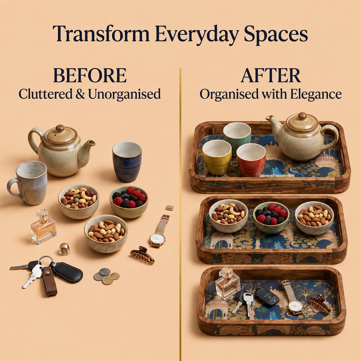 Wooden Serving Tray Set - Gold Engraved Design -4