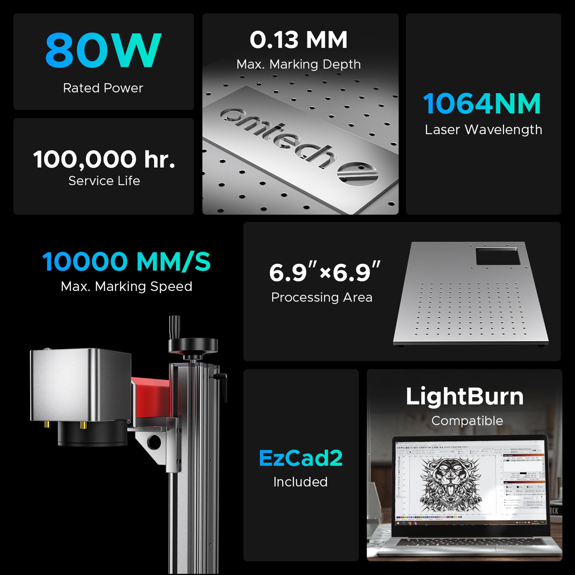 OMTech 80W Fiber Laser Engraver, LightBurn Compatible MOPA Laser Marking Machine with 4.3