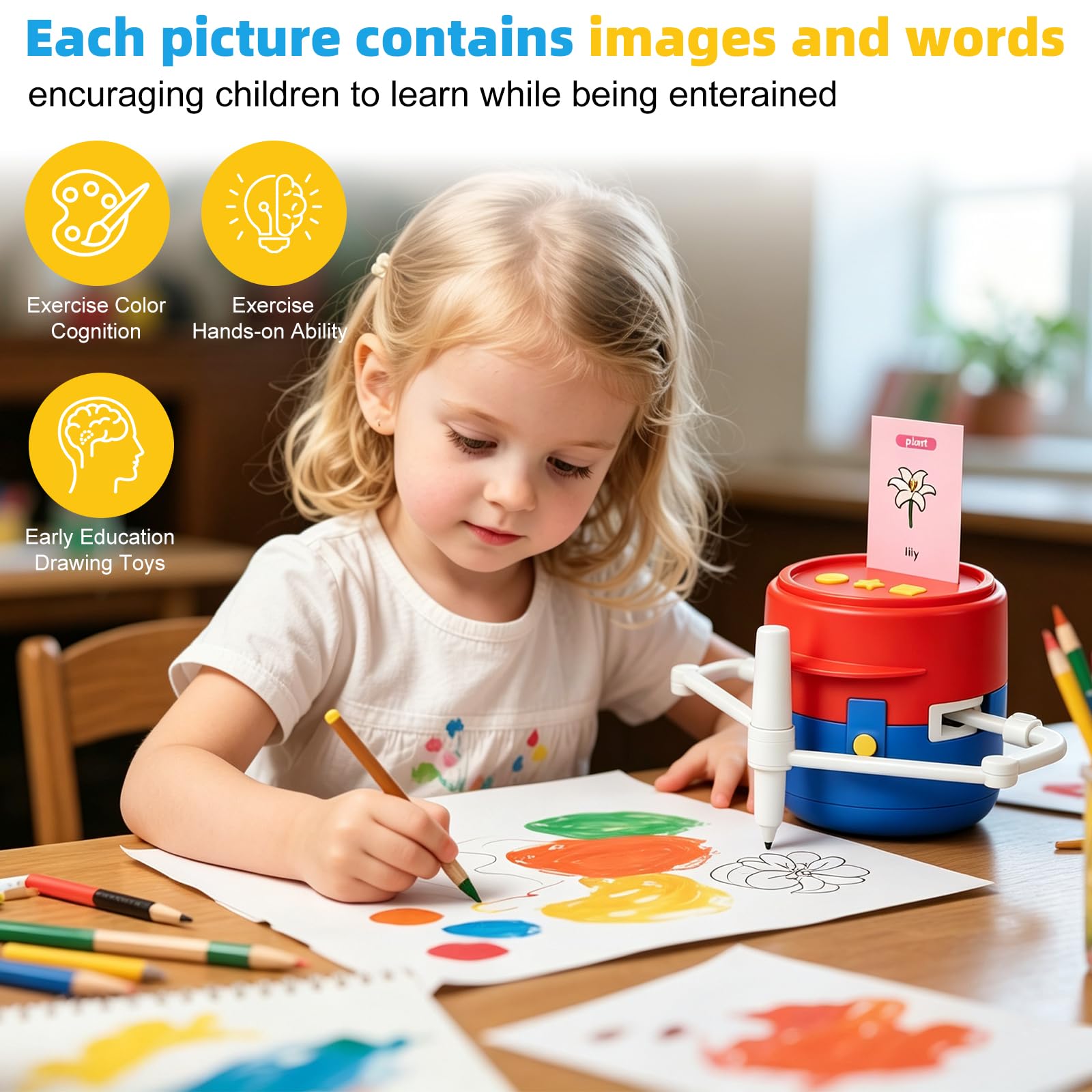 Robot da disegno per bambini, set magico da colorare con 22 penne e 200 carte educative, guida vocale, giocattolo Montessori, età 3-8 anni, versione inglese