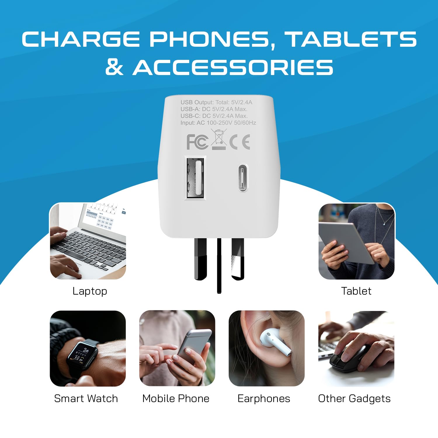 Ceptics USA au Japon, Philippines Adaptateur de Voyage Prise avec Double USB – Type A – Ultra Compact