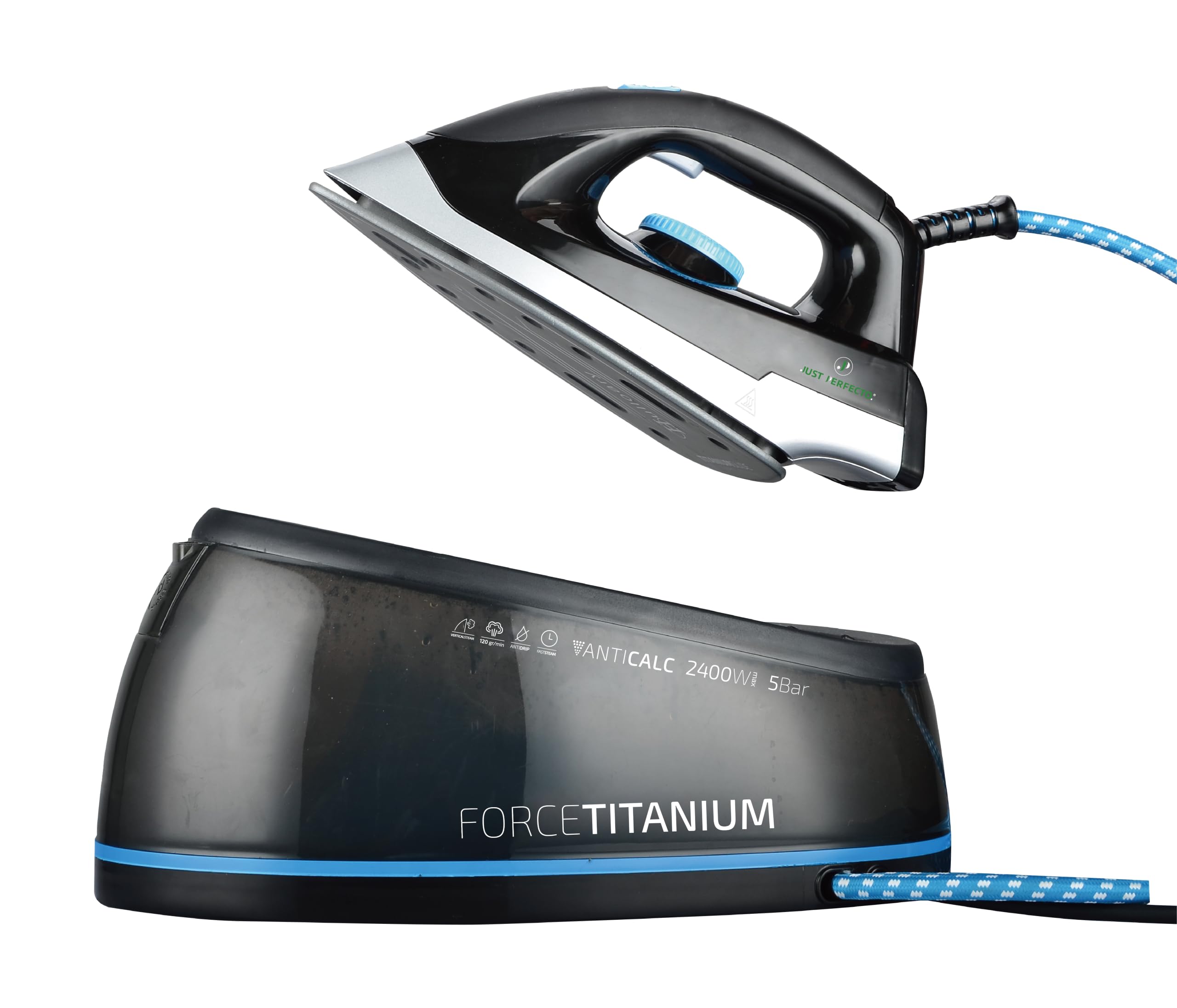Just Perfecto Ferro da Stiro a Caldaia 2400 W Vapore Blu Nero | vapore continuo, piastra scorrevole, grande autonomia, stiratura verticale, tutti i tessuti, impugnatura ergonomica