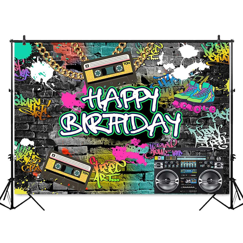 Mocsicka Graffiti 80's 90's Birthday Backdrop Urban Retro Birthday Party Background 80's 90's Hip Hop Rock Birthday Party Cake Table Decoration Banner Photo Booth Props (8x6ft)