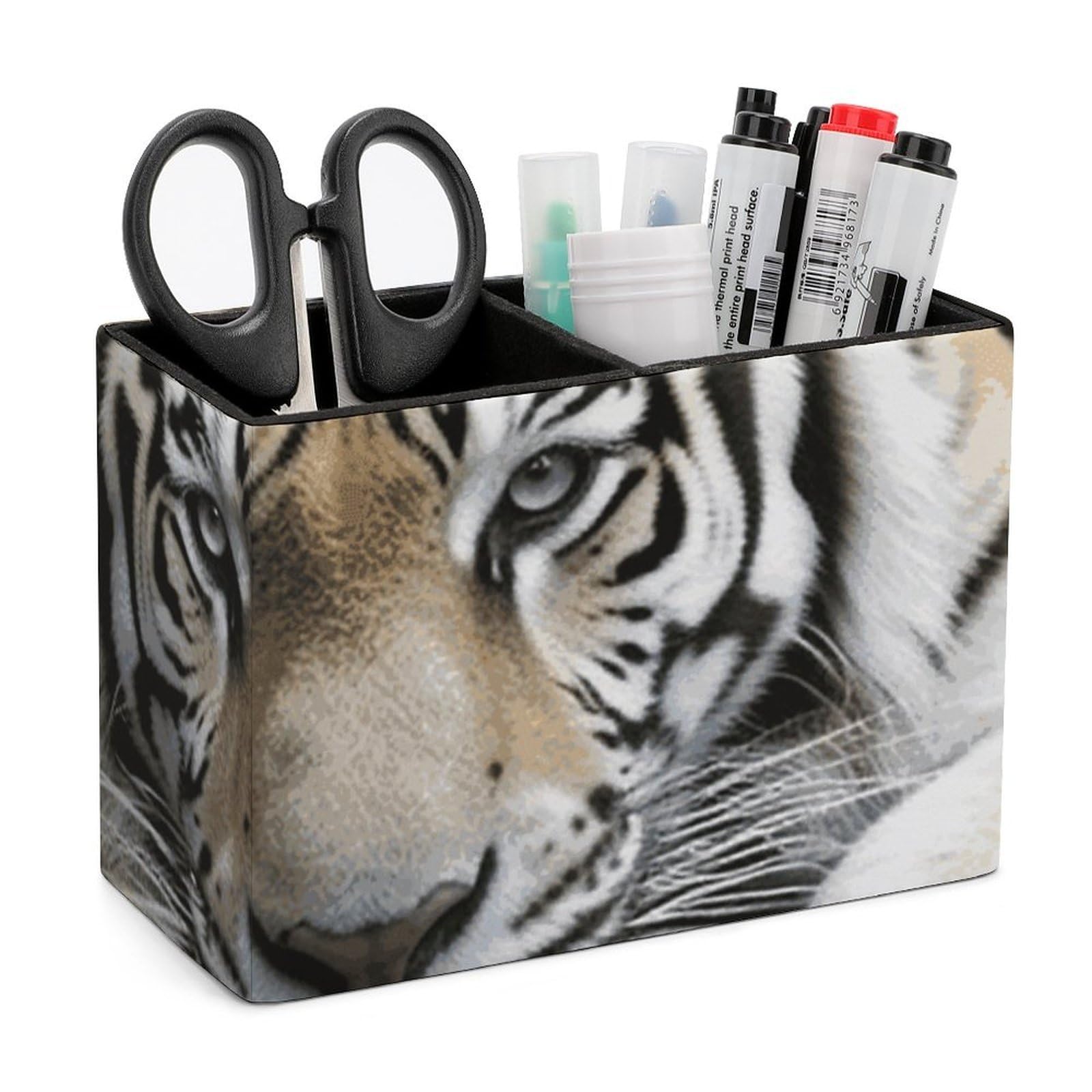 JTREHY Tiger Lie On Rock Pencil Holder Exquisite Fashion Leather Pen Receptacle Soft High-End Pen Container for Office Home Accessories Or Housewarming Present