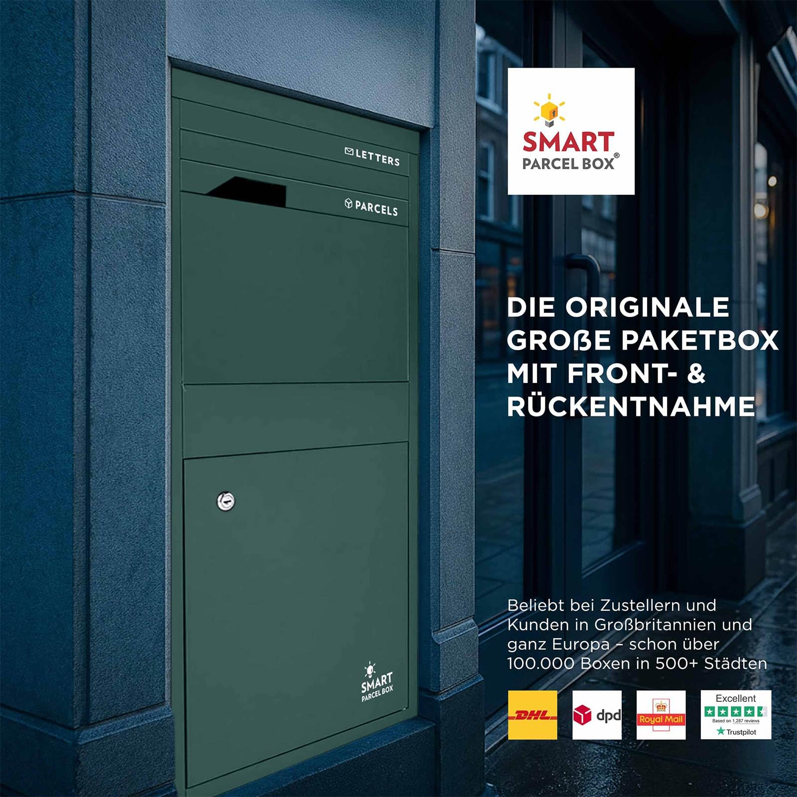 Smart Parcel Box Paketbox L - Briefkasten mit Paketfach wetterfest, grün | Paketbriefkasten, Paketbox draußen, Entnahme hinten & vorne, Standbriefkasten, rostfrei, verzinkter Stahl, pulverbeschichtet
