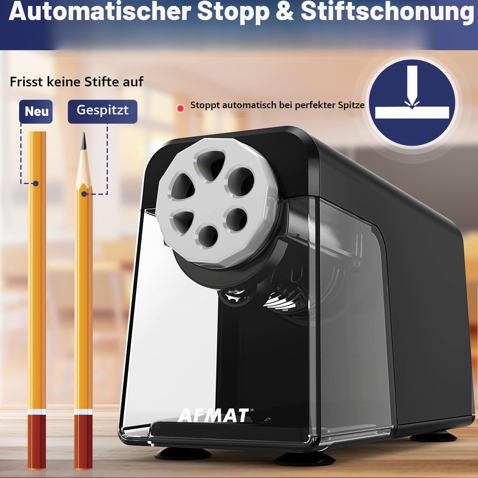 AFMAT Elektrischer Anspitzer 6 Löcher mit Behälter, Auto-Stop&Save Bleistifte, Wiederaufladbar Robust Elektrischer Spitzer für 6–11 mm Nr. 2/Groß/Buntstifte, 10.000 Spitzvorgänge, Schwarz PSD1