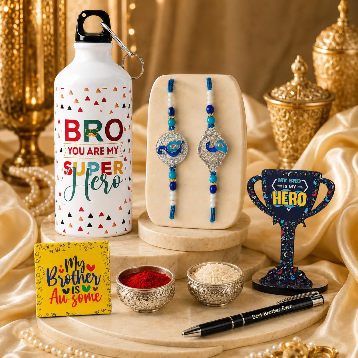 Dreamica Designer Set of 2 Rakhi, 600 ML Best Bro Sipper, Pen, Trophy Showpiece, Fridge Magnet, Greeting Card and Tilak Set| Best Rakhi Gift for Brother