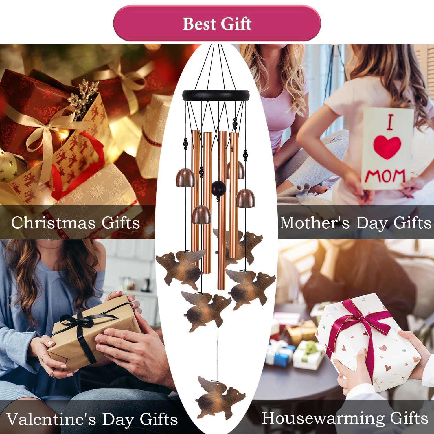 Windspiel Mit Fliegenden Schweinen – 96,5 Cm, Braun, Aus Aluminium, Für Garten, Balkon & Als Geschenk