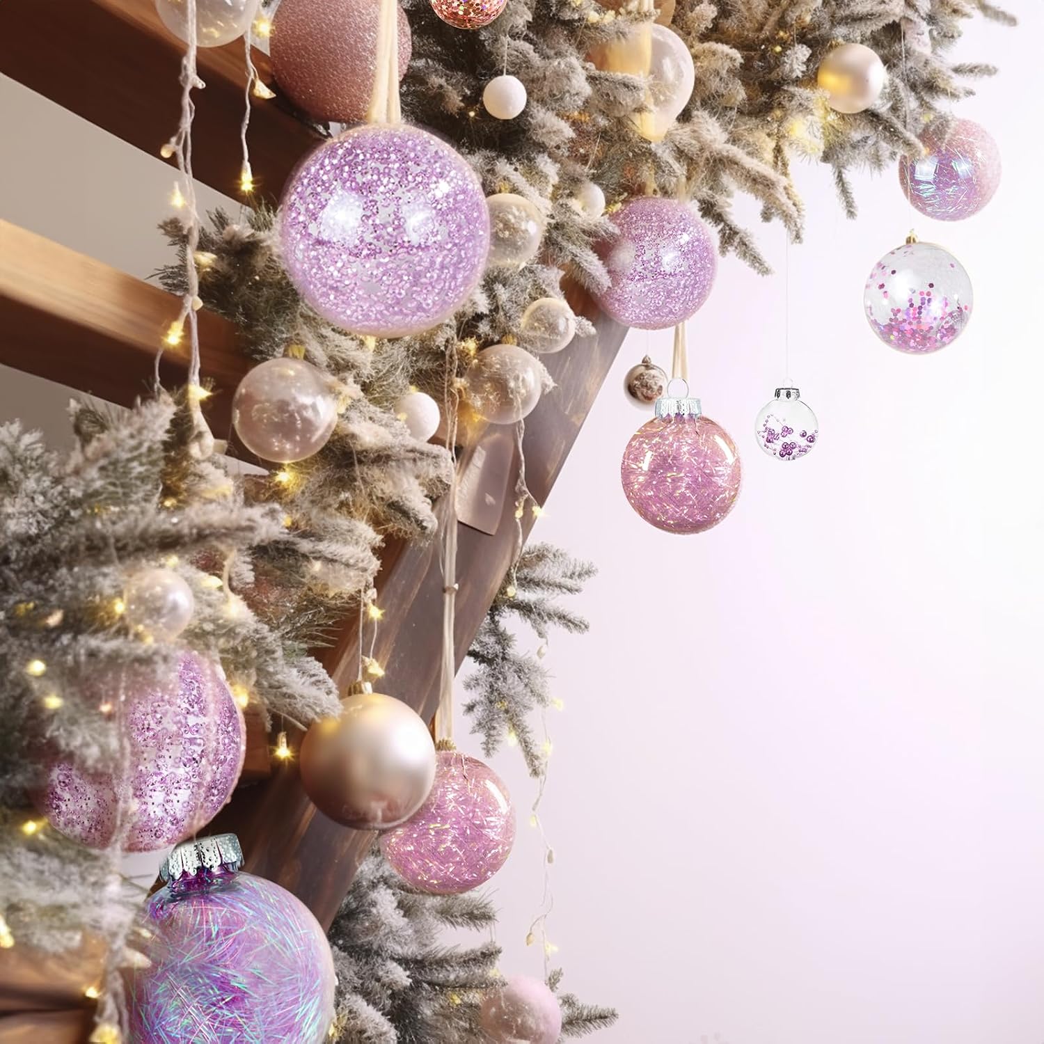 AMS 24ct Clear Christmas Ball Ornaments, 2.76''/70mm Shatterproof Hanging Xmas Balls Baubles Set for Christmas Tree with Stuffed Delicate Decorations for Wedding Christmas (Pink)