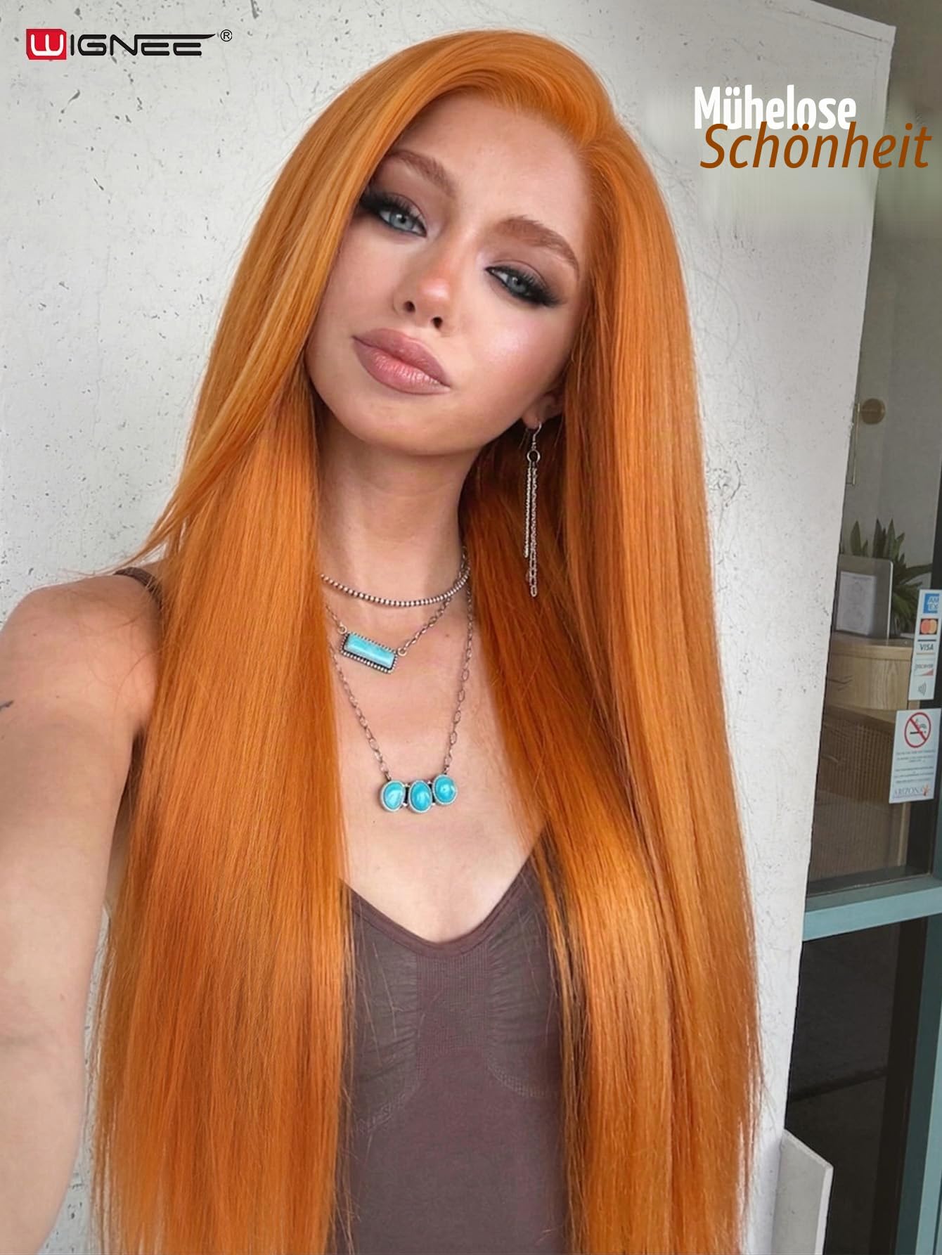 WIGNEE 13x6 Synthetische Spitze Frontperücke Vorgezogen Klebefreie Gerade Perücke 28 Zoll Lose Spitze Frontperücke mit Futura Haar Ginger