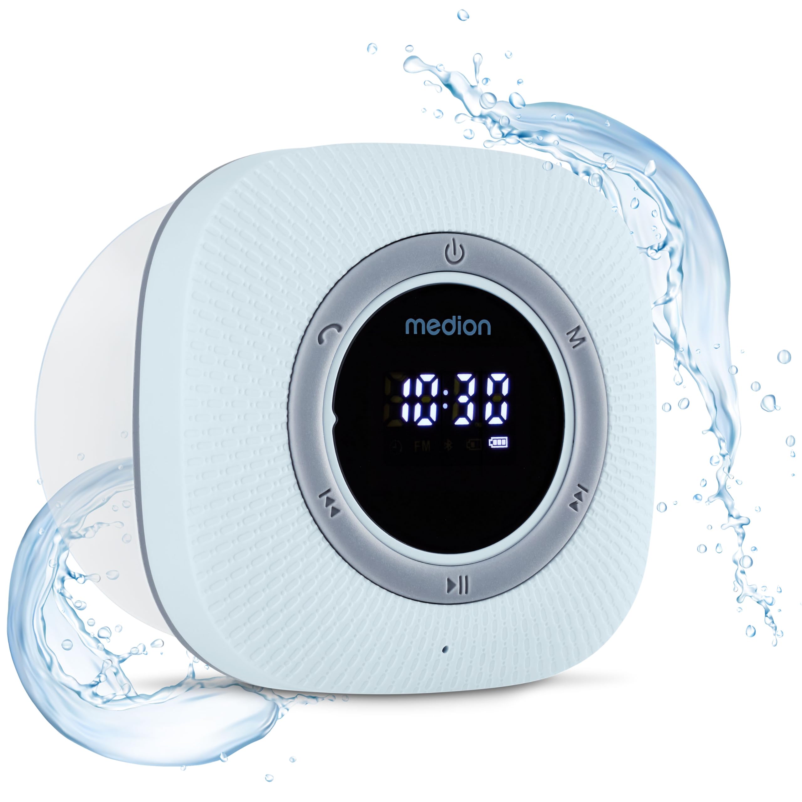 MEDION P66096 Radio de Ducha con Bluetooth (Radio de baño, Radio FM, Ventosa, Pantalla LED, Impermeable IPX6, batería Recargable integrada, MD43884) Azul
