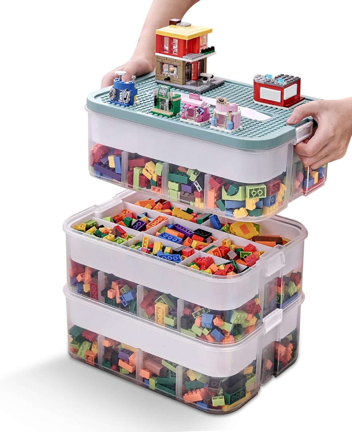 ZPONEED Kids Toys Storage Boxes with Lids for Lego, 3 Layers Stackable Plastic Drawer Organiser, Clear Compartment Craft Container Box for Magnetic Building Blocks Bricks Puzzle Board Craft Case — image 1