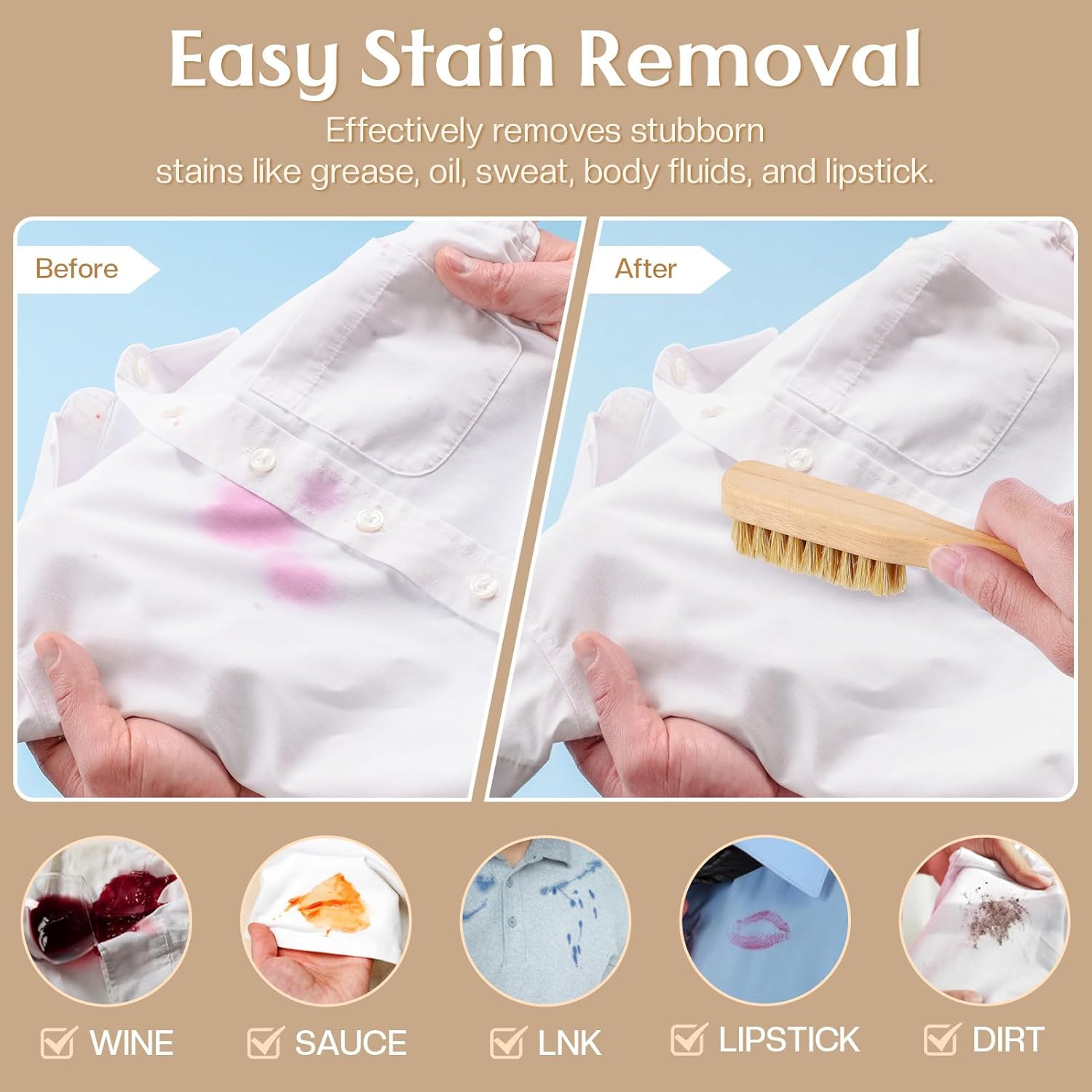 3 Pcs Wood Laundry Stain Brush Stain Remover Brushes with Boar Bristle Small Stain Brush for Clothes for Scrubbing Stains from Furniture Fabric Leather(3 Pcs E) - Image 4