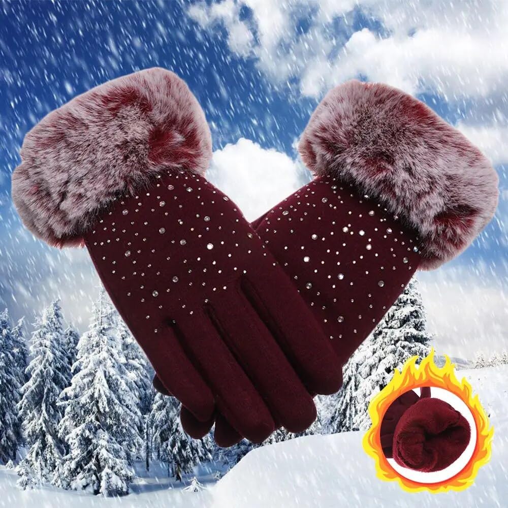 Tomorrow Women's Winter Gloves Soft Warm Touch Screen Gloves for Cold Weather Windproof Covered Finger Faux Fur on The Inner for Cold Weather Women Cute Design Plush Fur Cuff Stone Crafted (Maroon) 1