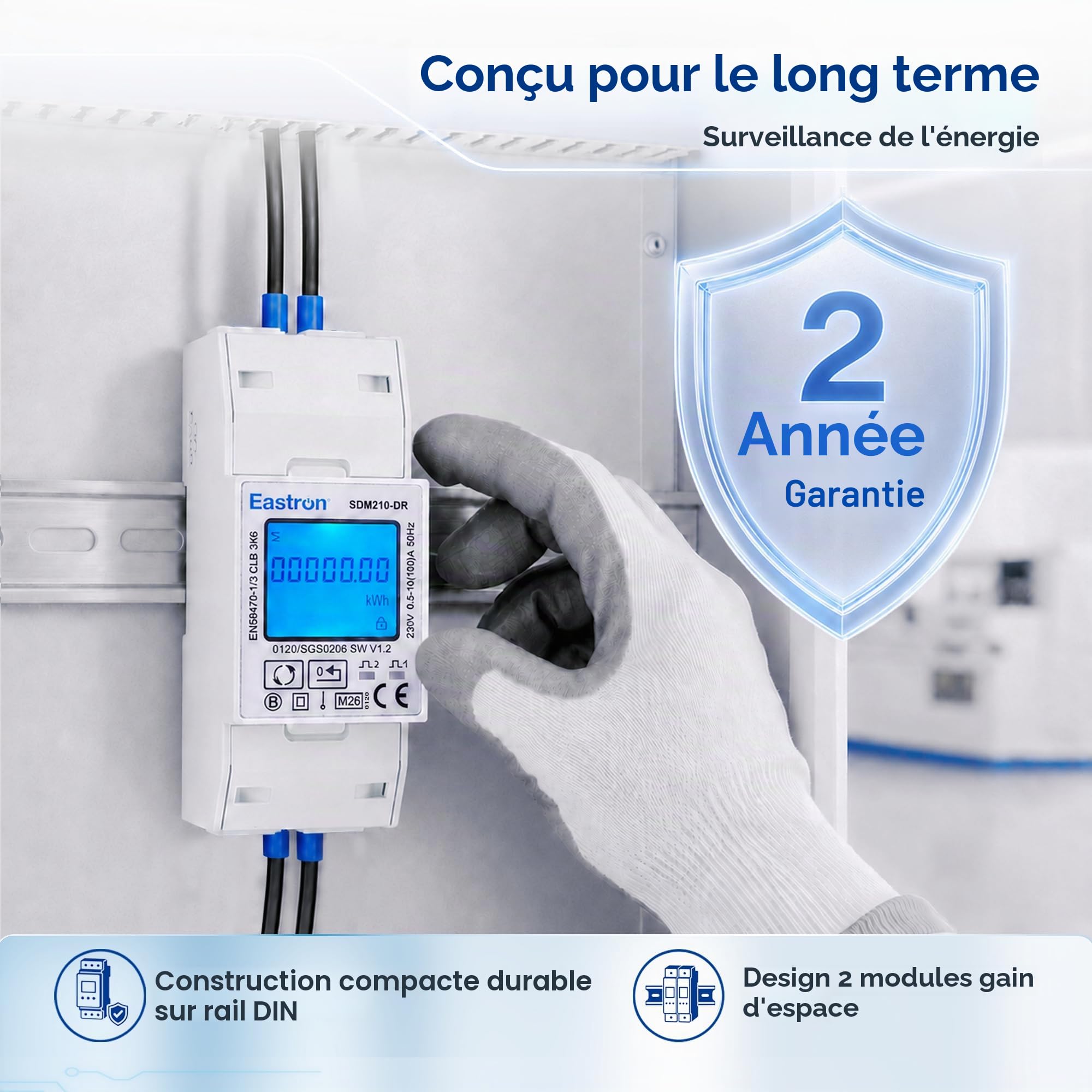 Compteur d'énergie monophasé Modbus, avec entrée électrique - 100A, sortie impulsionnée fixe 1000imp/kWh - Nécessite des entrées de tension secteur (phase et neutre entrée et sortie) - SDM210-DR-MID