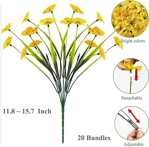 Miniatura 6 de 20 paquetes de flores artificiales para exteriores, resistentes a los rayos UV, color amarillo falso, plantas de plástico para primavera, flores de