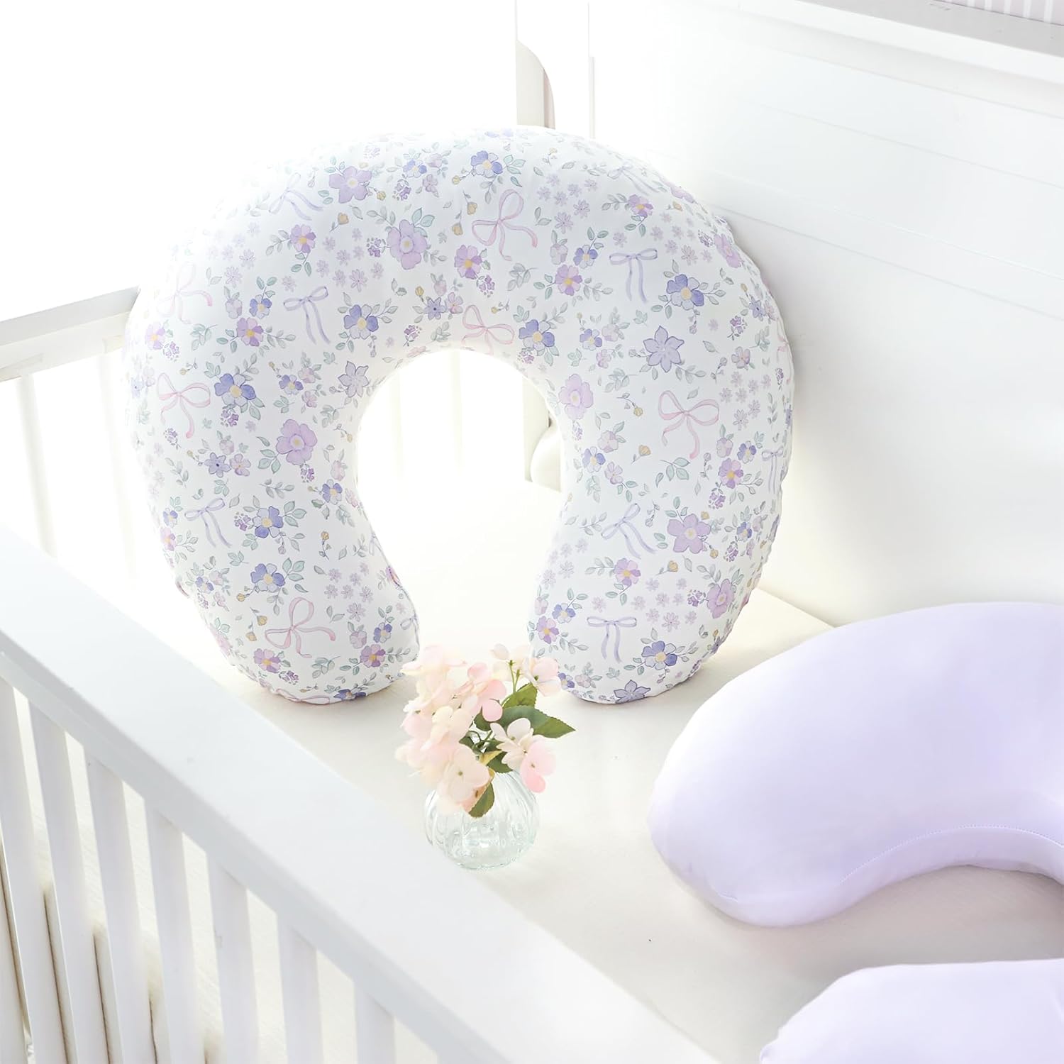 SWESEN Nursing Pillow Covers, Seat Cover, Ultra Soft Nursing Cover for Breastfeeding Pillows, Stretchy Nursing Pillow Slipcover for Baby Girls Boys, Fits Standard Baby Pillow, Purple Floral