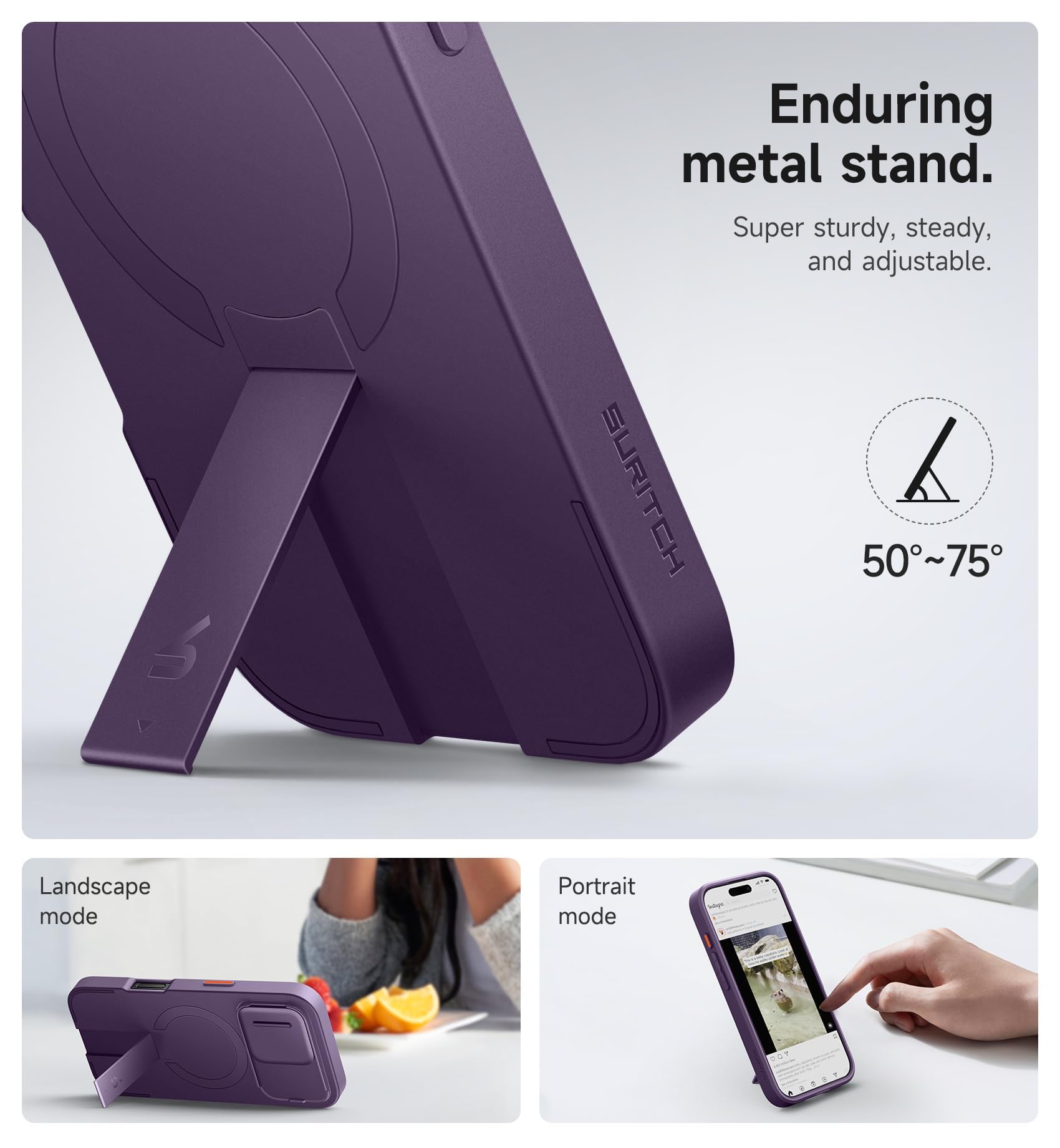 SURITCH Etui magnetyczne, kompatybilne z iPhone 16 Pro, odporne na uderzenia etui na telefon, odporne na zarysowania, etui ochronne z przesuwaną osłoną aparatu i regulowaną podstawką (fioletowe)
