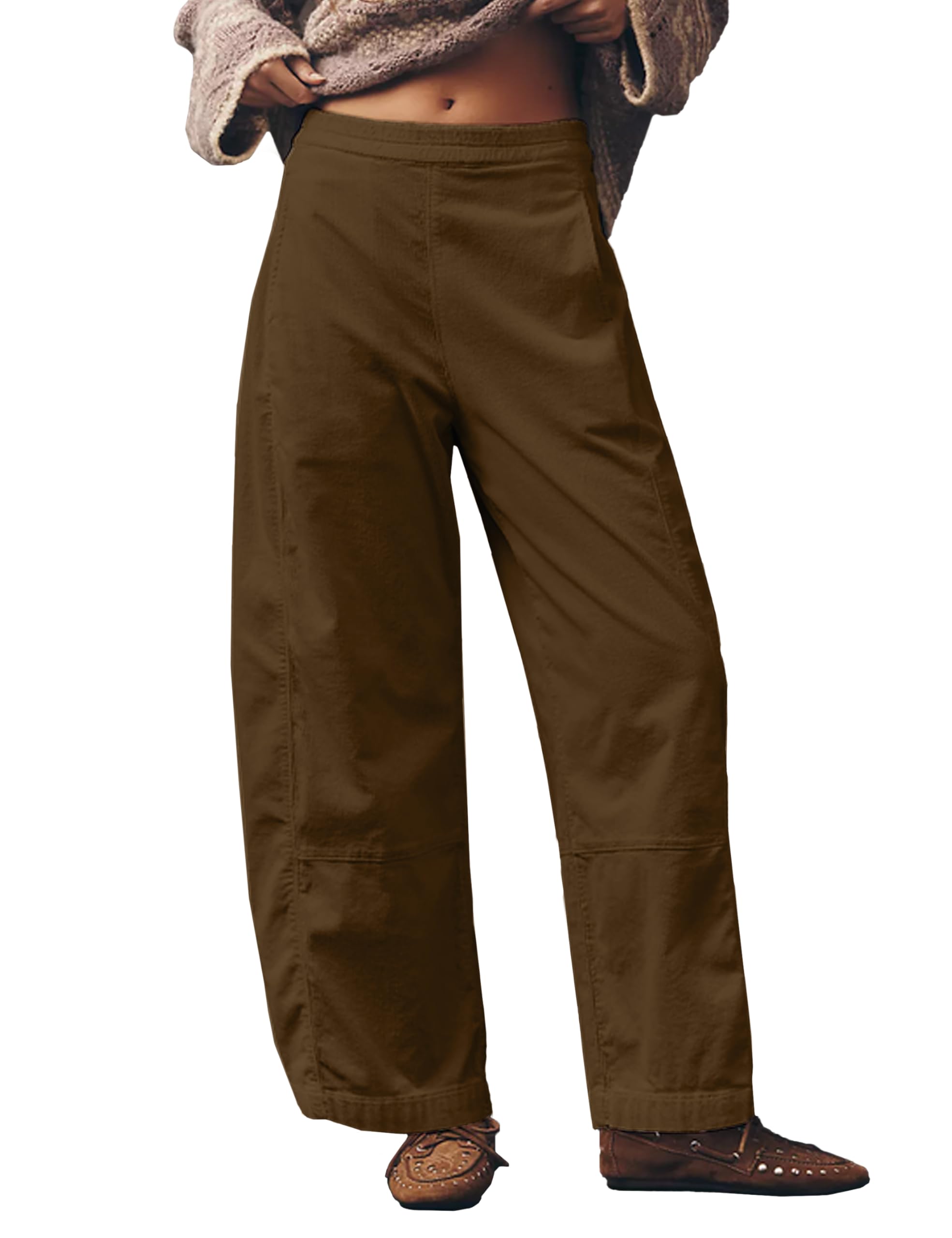 Womens Barrel Corduroy Pants Slim Fit Pull On Solid High Rise Elastic Waist Trousers with Pockets
