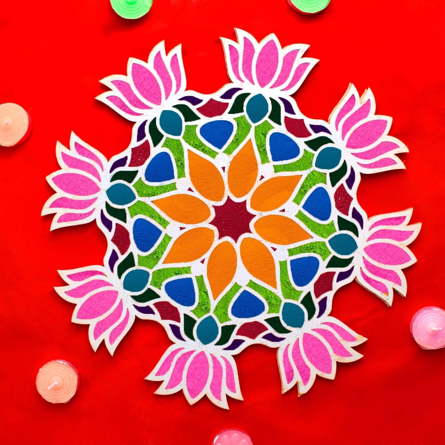 Rangoli Mat with Wooden Base.Easy to Use.Just Fill It Up with Rangoli,Flowers,Pulses Inland Rangoli Stencils Border for Floor Home Diwali Decoration-Reusable DIY Rangoli Stencil