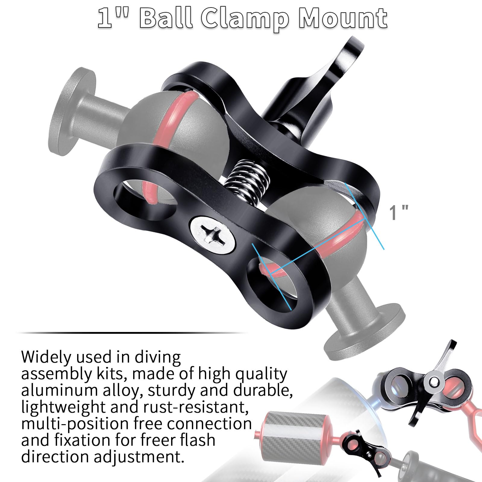 1'' Aluminio Bola Abrazadera de Montaje para Buceo Subacuático Sistema de Bandeja de Brazos de Luz, 360° Clip Adaptador Soporte para Cámara de Acción Linterna Sistema de Brazos(2PCS)