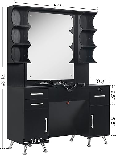 Miniatura 2 de BarberPub Armario de cuenco de champú con retrolavado, estación de montaje en pared con espejo, armario de almacenamiento con cajones y estante de