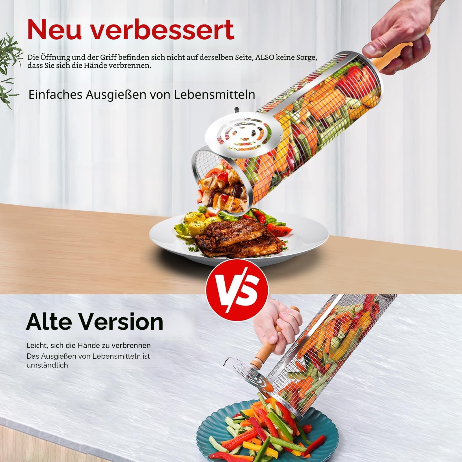 2 Stück Nestendes Rollendes Grillkorb Set mit Holzgriff (30 x 10cm), Grillnetzrohr für Den Außengrill für Gemüse, Edelstahl zylindrische für Outdoor Grill Grillzubehör-Werkzeuge Geschenke für Männer