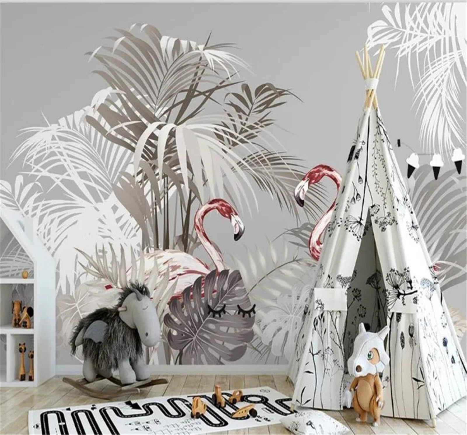 Tzxztt Hand Drawn Tropical Plants Flamingos Palm Trees Modern 3D Wallpaper Premium Textured Silk Neutral Tones Material Ideal for Living Room Bedroom-430cm×300cm