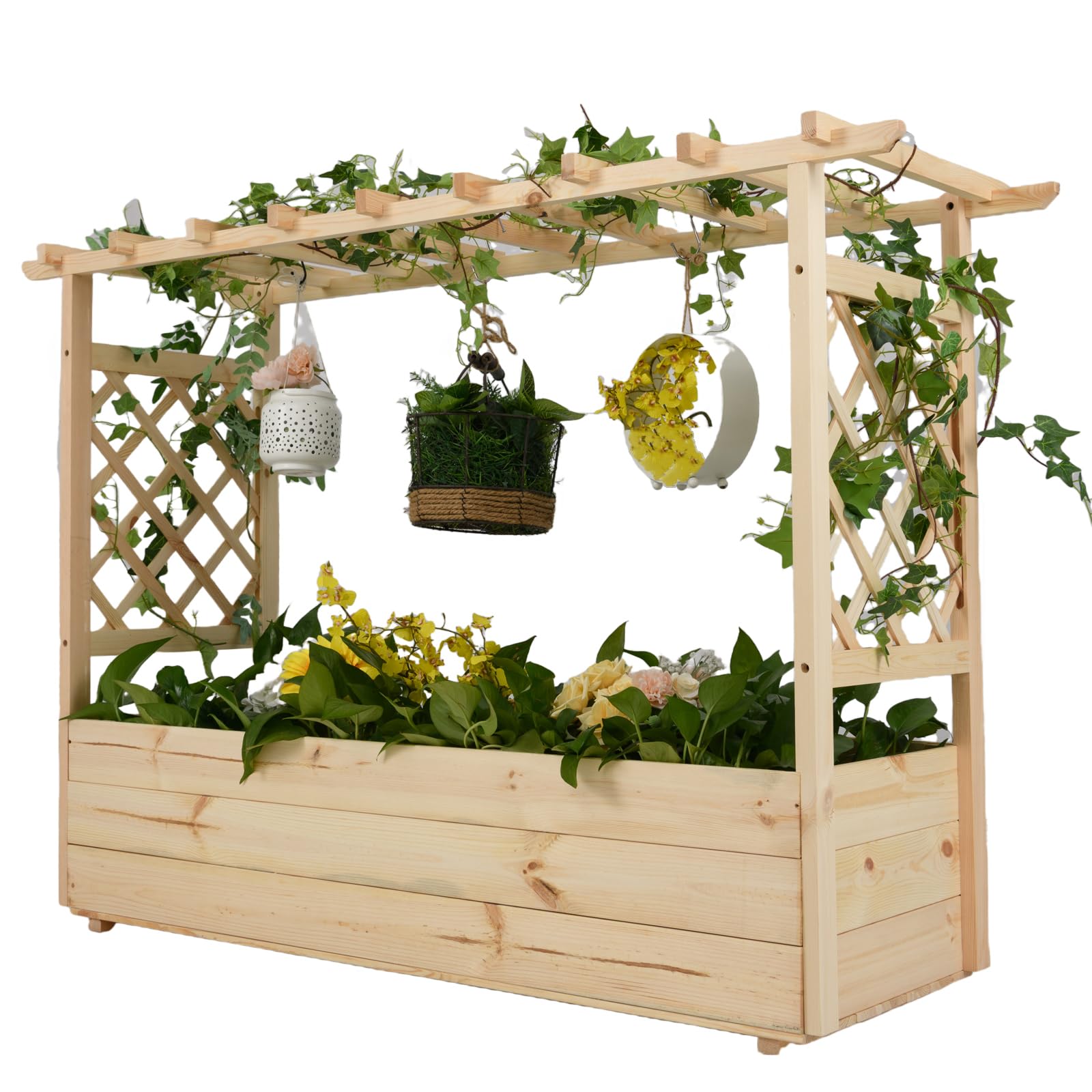 GOPLUS Jardinera Elevada de Madera Maciza con Enrejado y Techo Colgante, Huerto con Orificios de Drenaje para Enredaderas Verdura Fruta Hierbas Flores, Cama de Jardín Exterior Interior (148x50x103cm)