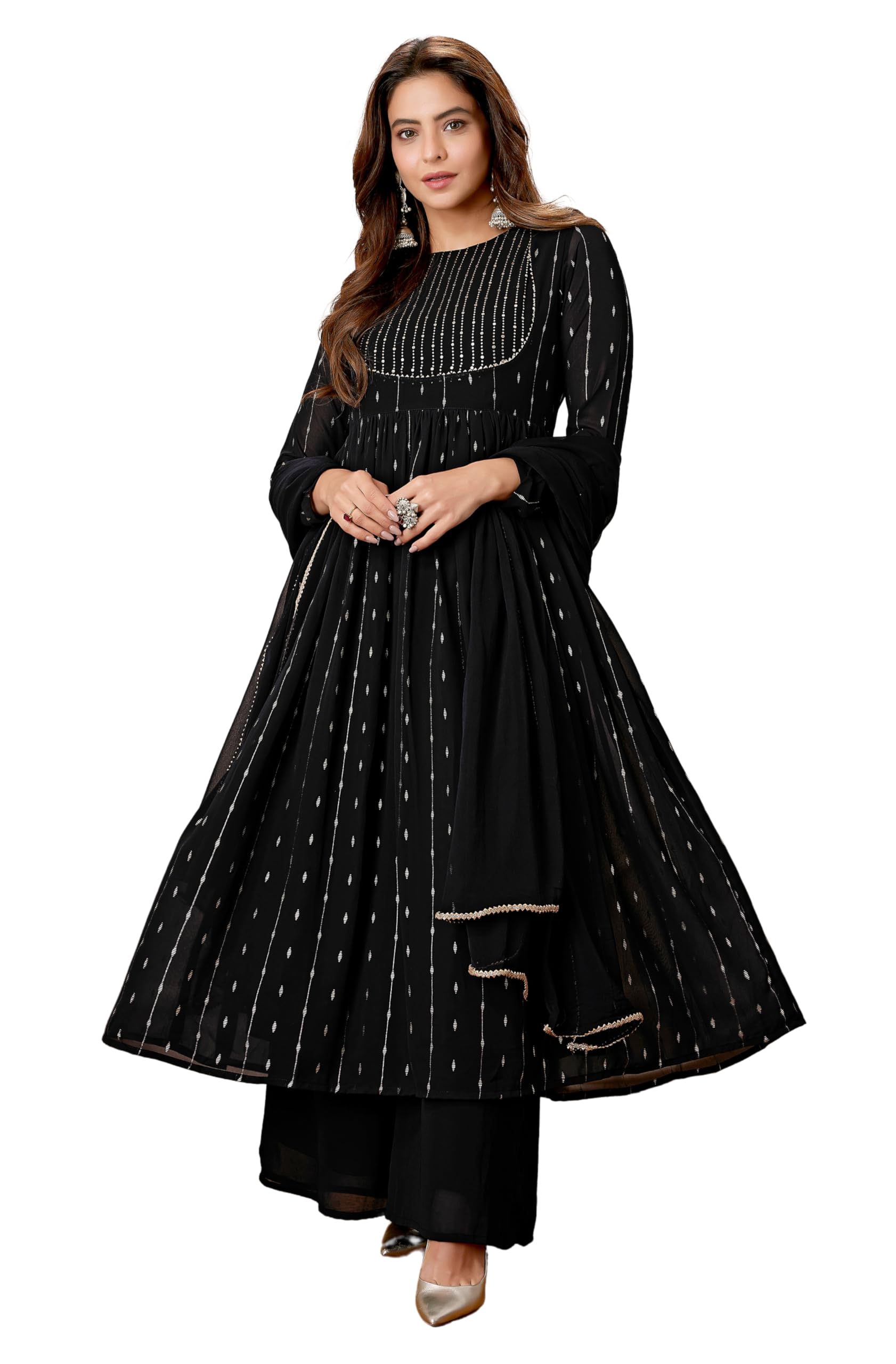 janasya Women Black Georgette Kurta with Palazzo & Dupatta with Foil Print Print Outfit for Women-picture-30