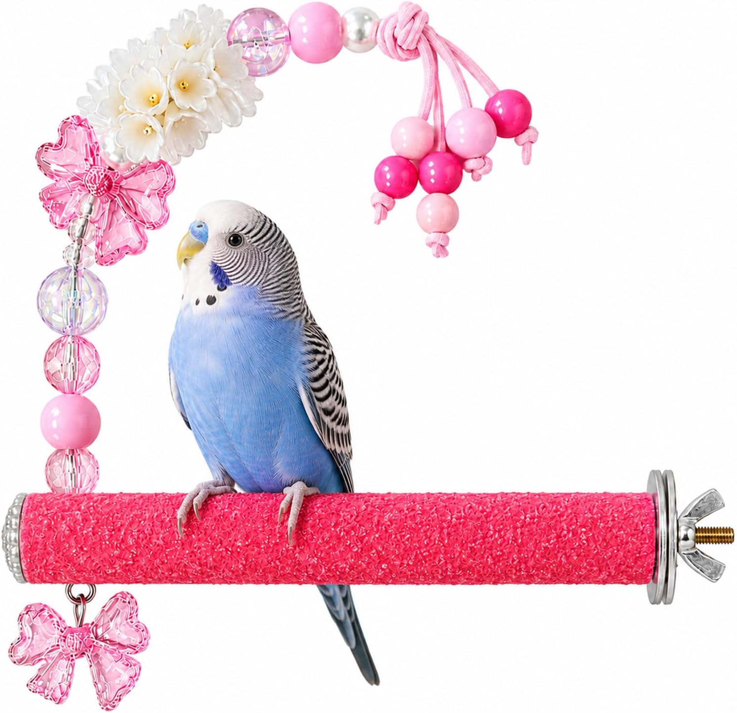 Bird Parrot Perch with Beads and Bow Chew Toy,Cage Platform Toy and Exercise Accessories for Budgies Parakeets Cockatiels Conures and Lovebirds (Pink)