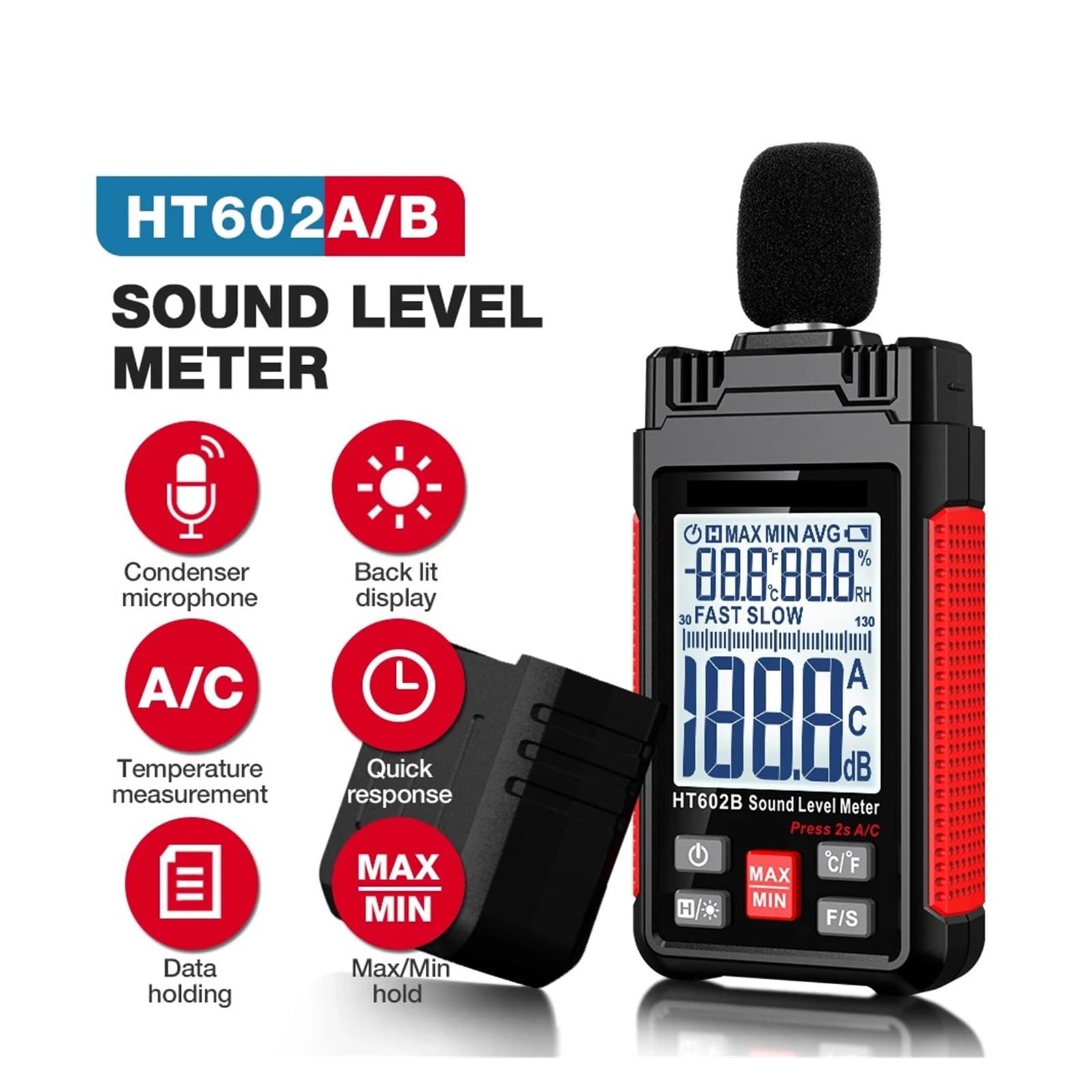 HT602 Fonometro Digitale Palmare Db Meter Misuratore di Livello di Rumore 30-130dB Decibel Mini Fonometro(HT602B)