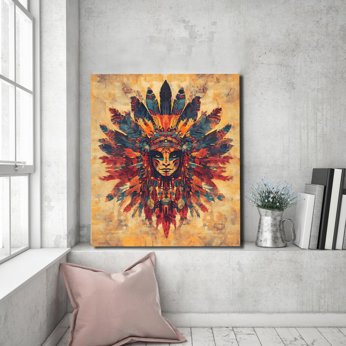 YUNART Wandkunst der amerikanischen Ureinwohner Vintage neutrale Federleinwand Stammesthema Malplakat für Wohnzimmer Schlafzimmer Wohndeko 80x105cm Innenrahmen