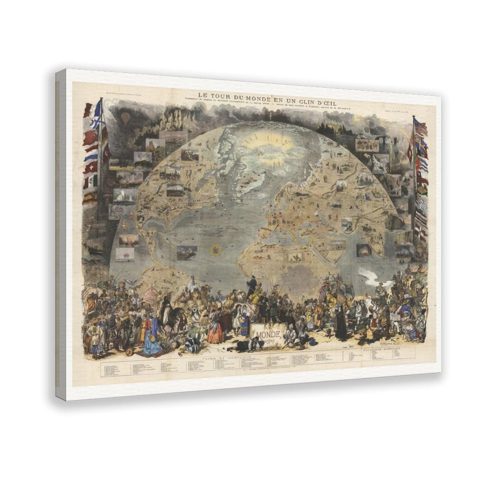 Alte Weltkarte 1876 – Eine Tour der Welt aus Le Monde – Erkundung Geschichte des 19. Jahrhunderts Kolonialismus Poster Schlafzimmer Leinwand Dekor Druck Wandkunst Offic