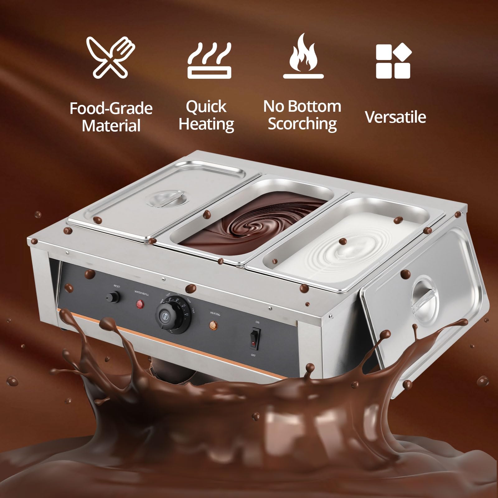 GarveeTech GarveeTech Chocolate Tempering Machine - 4.12 QT*3 Tanks, Rapid Heating, TEMP Control 86~176?, 1500W, 304 Stainless Steel Body