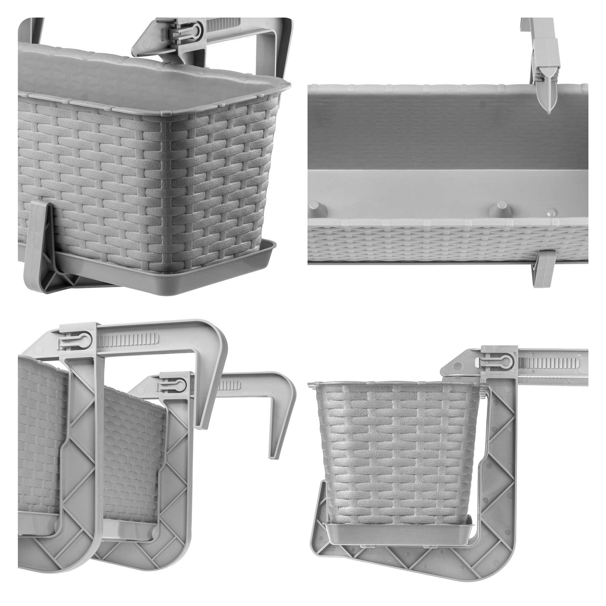 KADAX Macetas de Plástico Imitación Ratán, Maceteros Rectangulares con Platillos y Soportes para Exterior, Jardineras Colgantes (3: Gris, 60 cm, Aprox. 36L)