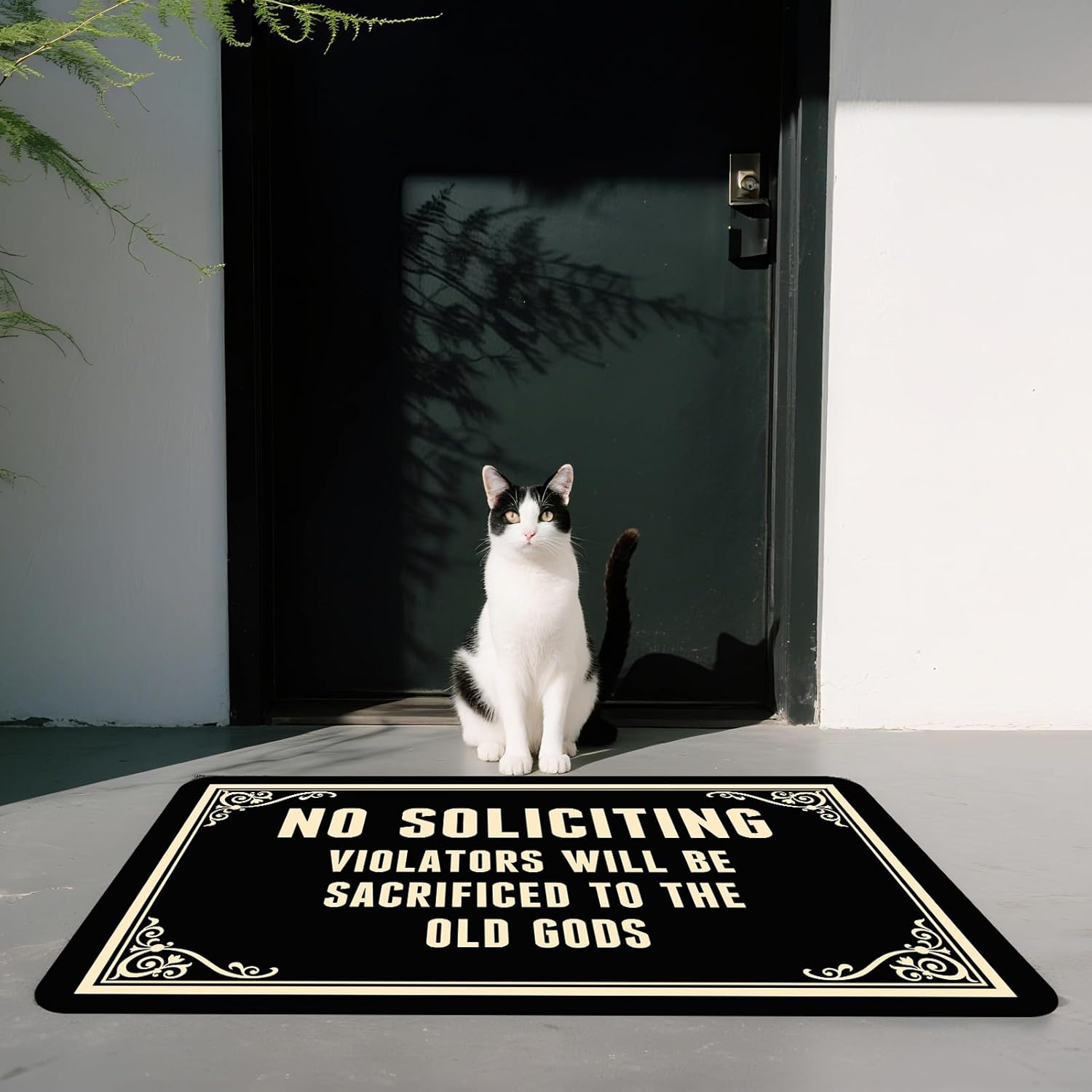 No Soliciting Violators Will Be Sacrificed to The Old Gods Front Door Mat 30x17 Inch Funny Front Doormat Personalized Mat Indoor Outdoor Welcome Mats for Entryway Home Porch Decor