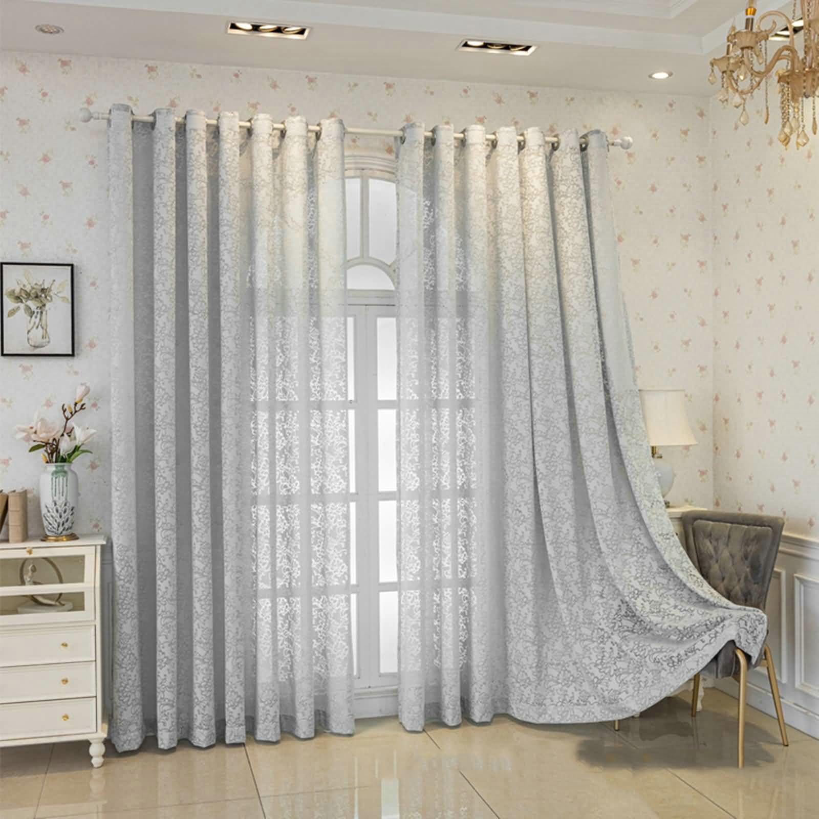 Półprzezroczyste zasłony poliestrowe, 240 cm, 2 panele, z żakardowymi przelotkami w kwiaty, do salonu, sypialni, każdy panel, 107 x 240 cm dł., srebrno-szare