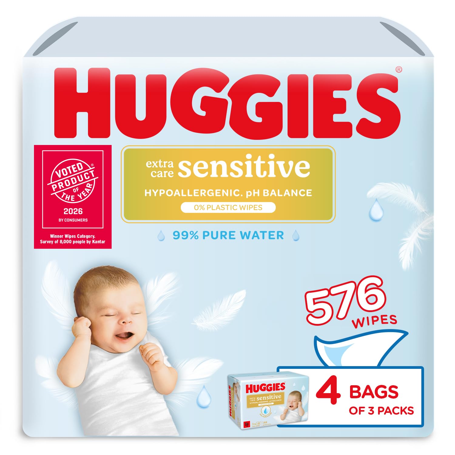Huggies Extra Care Sensitive Baby Wipes - 12 Pack (576 Wipes) – Plastic Free Wet Wipes, 99% Water, Fragrance Free, Hypoallergenic, Extra Soft Texture with Soft Pillows - 1