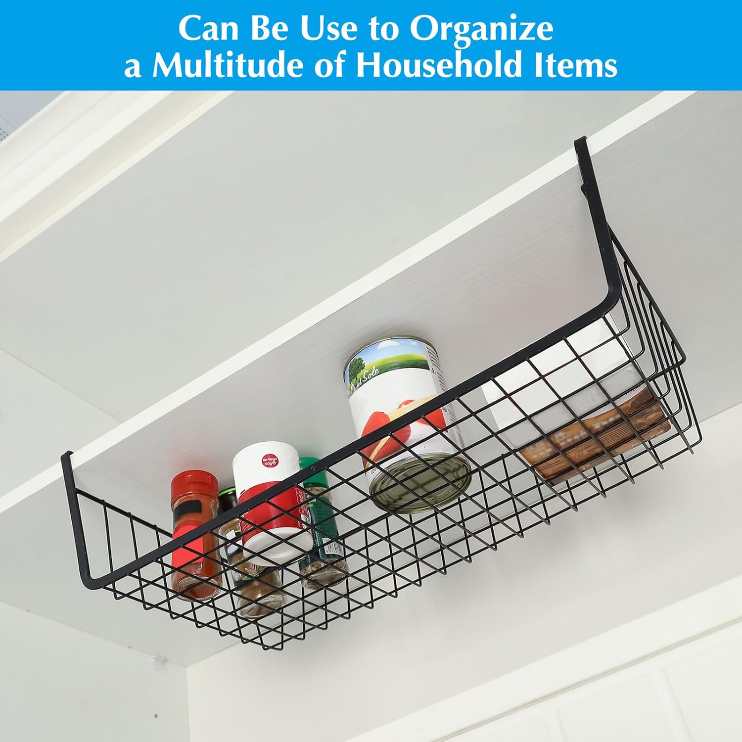 HOMOKUS 5 Pack Large Under Shelf Basket for Storage,Hanging Wire Basket Shelves,Under Cabinet Add-on Storage Racks,Slide-in Shelf Baskets Organizer for Kitchen Pantry Counter Desk Bookshelf (Black)