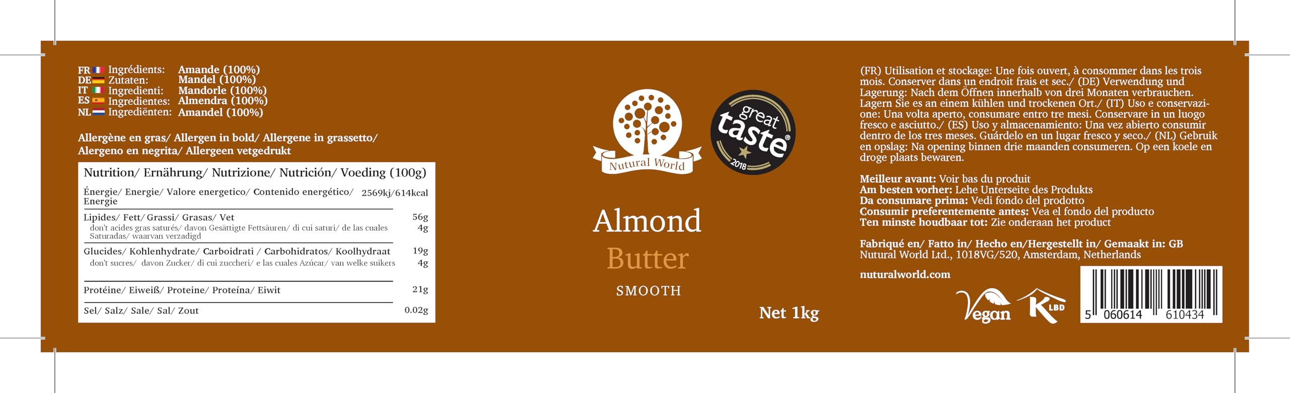 Nutural World - Beurre d'Amande onctueux (1kg) - *** nouvel emballage *** - Vainqueur des Great Taste Awards