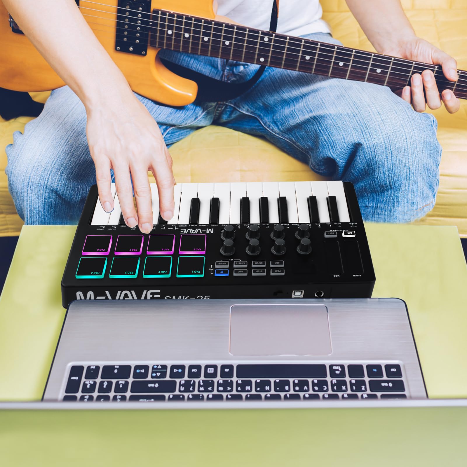 Nikou M-VAVE MIDI Teclado Controlador, USB Mini 25 Teclas, Profesional Dinámico Teclado Eléctrico Musical Arranger Teclado con Almohadillas RGB para Batería (Negro)
