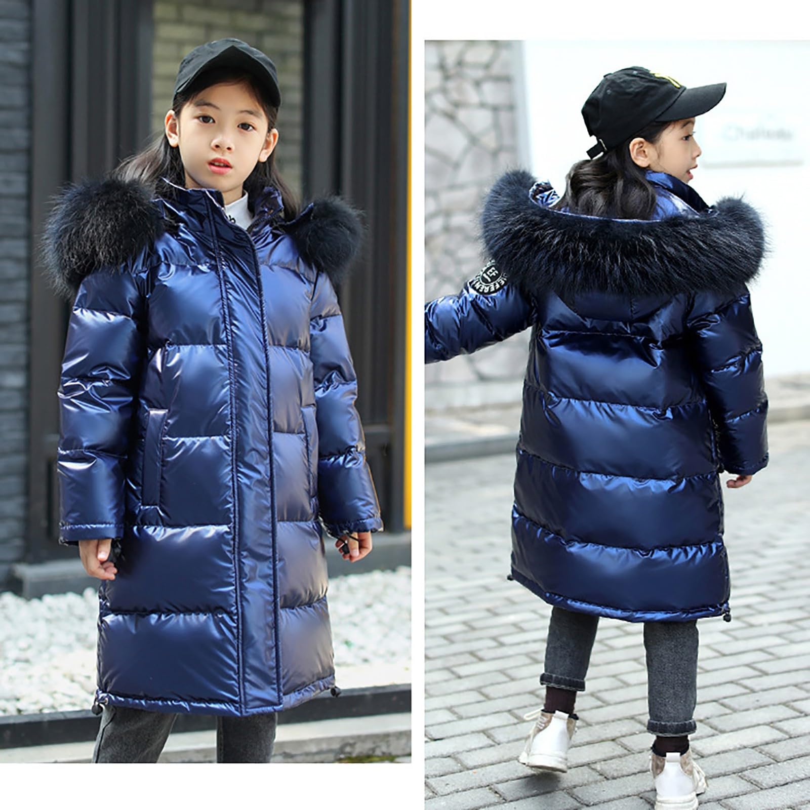 Generisch Skijacke Mädchen,Mädchen Wintermantel wasserabweisend Kapuze Fleecefutter Taschen elastische Bündchen Dick Gepolstert Schneeanzüge Daunenjacken Winterjacke mit Kapuze Lang Pufferjacke