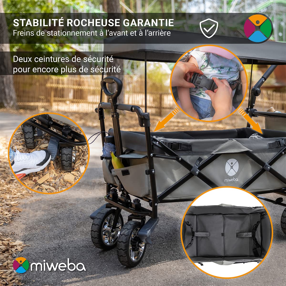 Miweba Chariot pour Enfants MB-20 - Chariot Pliable - Système de Harnais à 2X 3 Points - Frein de Stationnement - Roues en Caoutchouc Dur - Pare-Soleil avec Protection UV (LSF25)