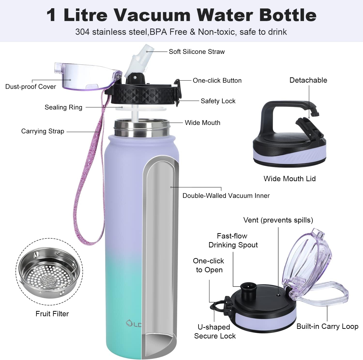 OLDLEY Stainless Steel Water Bottle with Straw 1L Vaccum Insulated Large Drink Flask Metal Water Bottles 1 Litre Leakproof Keep Drinks Hot Cold for Sports Gym with Different Lids(Purple Green - Image 4